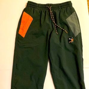 Puma International Winterized Pants. Green Gabbles & Orange. Size S.